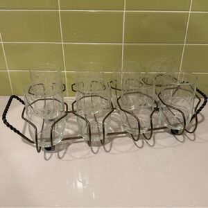 Vintage Mid-Century Glasses With Metal Carrying Tray - Set of 8